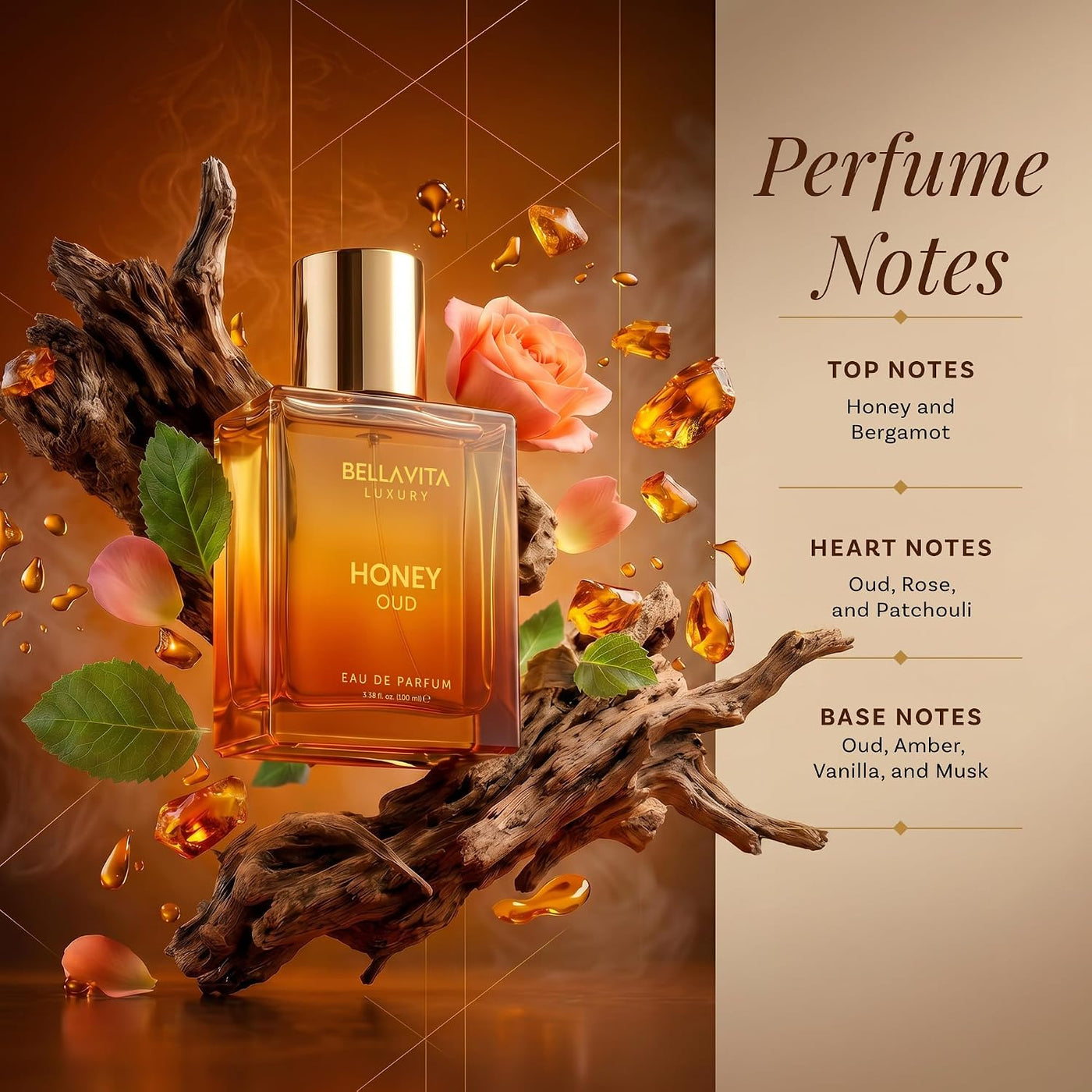 Bellavita Luxury Honey Oud Eau De Parfum | 100 Ml | Unisex Perfume | Long-Lasting Eau De Parfum Perfume with Honey, Bergamot, Oud & Amber Notes for Men and Women.